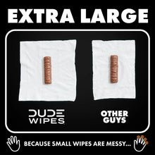 Extra large flushable wipes comparison graphic with two wipe squares and DUDE WIPES