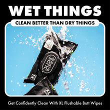 Flushable wet wipes feature graphic with water splash and black wipe pouch