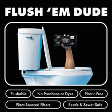 Flushable wet wipes feature graphic with toilet bowl, black pouch, and flushable icons