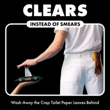Flushable wet wipes pouch used by a person, clears graphic with toilet residue claim