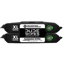 Flushable XL wet wipes packs, black pouches with long-lasting odor technology badge