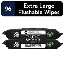 Flushable XL wet wipes packs, black pouches with green badge and XL wipes label