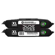 Flushable XL wet wipes packs, black pouches with DUDE WIPES logo and green badge