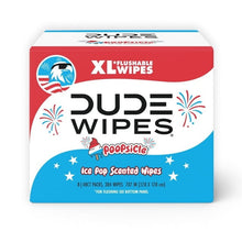 DUDE Wipes XL flushable wipes box, red and blue “POOPSICLE” ice pop scent pack