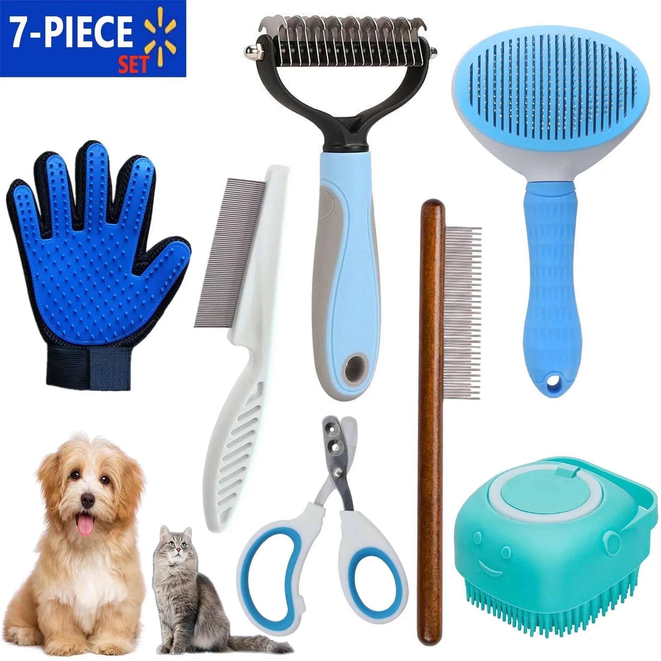 DXIMRX 7 Pcs Cat Dog Brush Grooming Kits, Best Combo Brush for Dogs Cats, Blue - USA MEGA SHOP