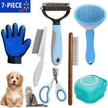 7-piece pet grooming brush set with blue rubber glove brush, slicker, comb, and trimmer