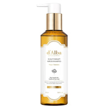 D'alba scalp therapy serum shampoo bottle with gold pump, amber liquid