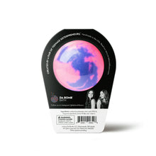 Bath bomb pack, black back with purple-blue circle label and ingredient details panel