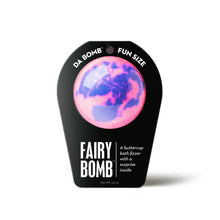 Bath bomb pack, black carton with purple-blue Fairy Bomb label and Fun Size circle