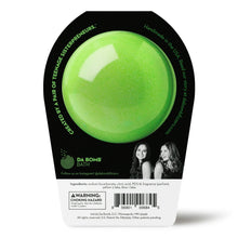 Glow bath bomb in green on a black package back