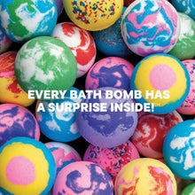 Assorted round bath bombs in blue, pink, yellow, and green