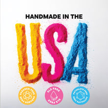 Bath fizzer box with colorful USA lettering and ingredient-free seal icons