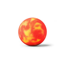 Single round bath fizzer with red and yellow cloud-like swirl pattern
