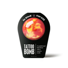 Tattoo bath fizzer package with red-orange swirl graphic and yellow center