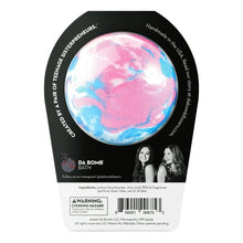 Unicorn bath bomb package back with blue and pink swirl image