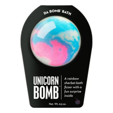 Unicorn bath bomb package showing a blue and pink marble swirl