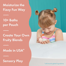 Child playing with bath foam next to a Fresh Fruit mini bath bomb pouch.