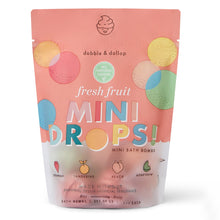 Mini bath bomb pouch, Fresh Fruit scent, with colorful fruit drop graphics.