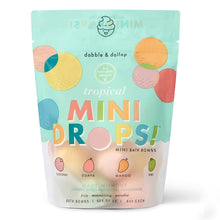 Tropical mini droplet bath bombs pouch with fruit-scent icons and “Mini Drops” design