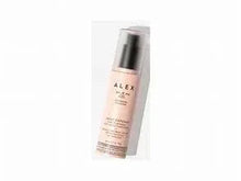Mineral sunscreen pump bottle, ALEX label, angled, beige liquid