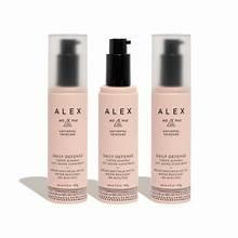Mineral sunscreen pump bottles, ALEX label, beige liquid, multiple bottles