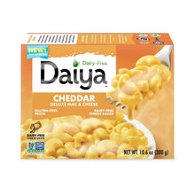 Vegan gluten-free cheddar deluxe mac & cheese box showing cheddar-style pasta and cheese sauce