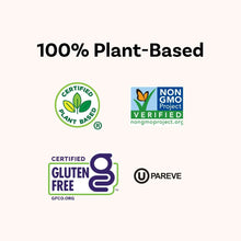 Plant-based and gluten-free certification icons on a mac and cheese packaging graphic