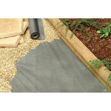 Gray landscaping fabric roll and sheet laid beside mulch and gravel bed