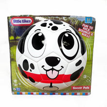 Boxed dalmatian character soccer ball, white with black spots and red stripe at the bottom.