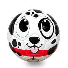 Dalmatian character soccer ball, white with black spots, tongue-out smiling face.