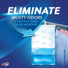 Hanging moisture absorber bag system eliminating musty odors, fresh scent