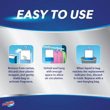 DampRid Max hanging moisture absorber bag with easy-to-use directions icons