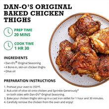 Dan-O's Original baked chicken thighs recipe card with prep and cook times