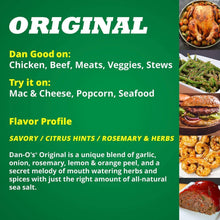Dan-O's Original seasoning info card with flavor profile and serving ideas