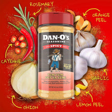 Spicy seasoning jar with red cap and beige blend, with cayenne, garlic and lemon peel