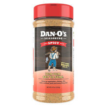 Spicy seasoning jar with red cap and beige spice blend; Dan-O's front label
