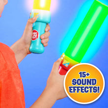 Light-up musical drumsticks, teal and green with glowing tips in hands