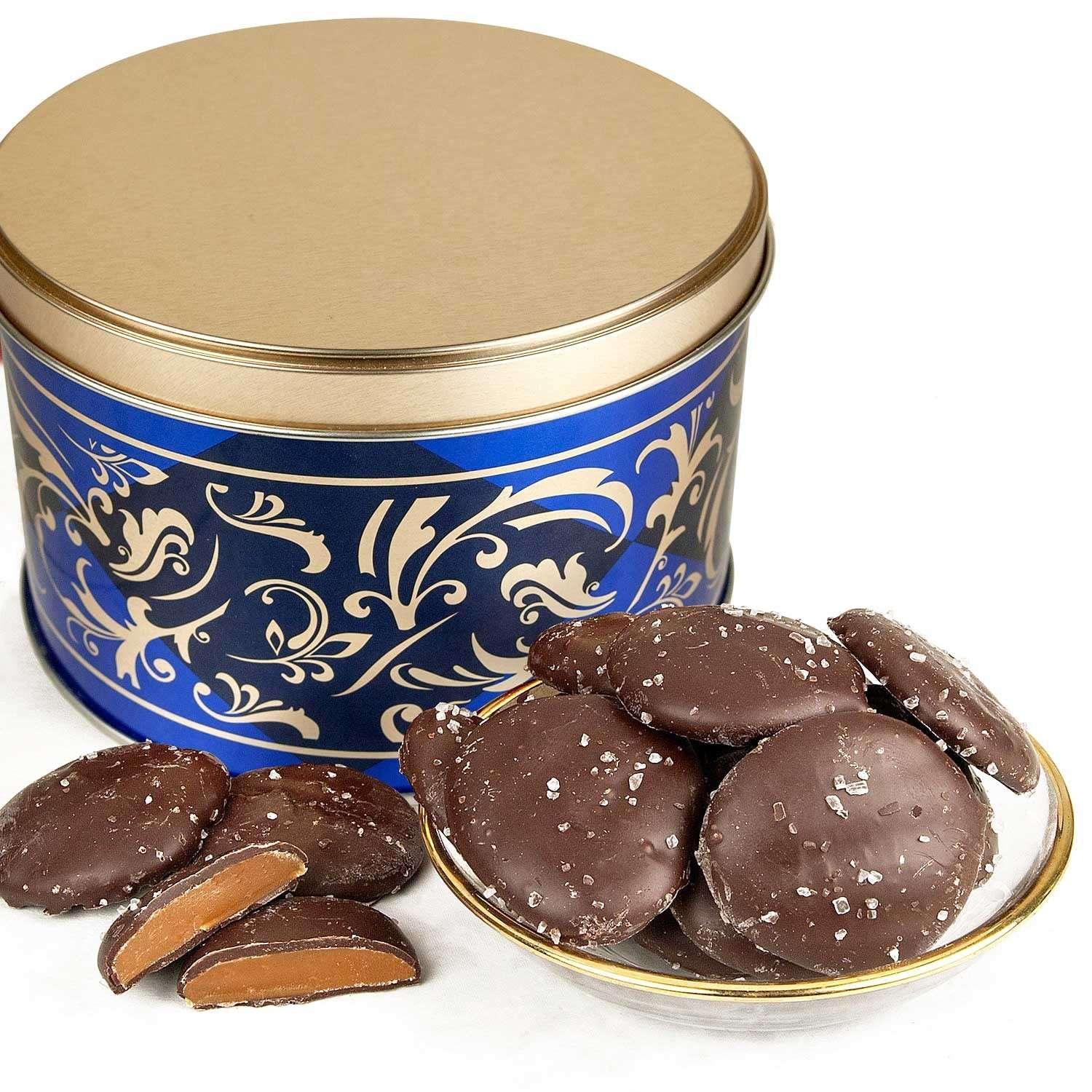 Dark Chocolate Caramel Caps with Sea Salt Gift Tin 26 oz. - USA MEGA SHOP