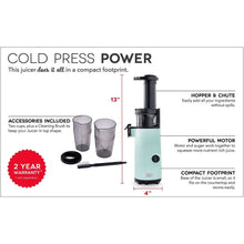 Compact cold press power juicer product diagram with accessories shown.