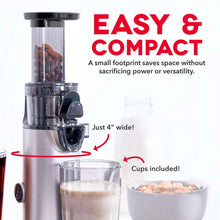 Compact cold press power juicer shown with included cups and compact 4-inch base.