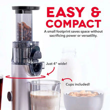 Easy compact cold press power juicer with wide base and cup accessory shown.
