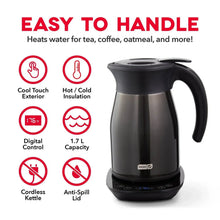Black insulated electric kettle with cool-touch and digital control icons