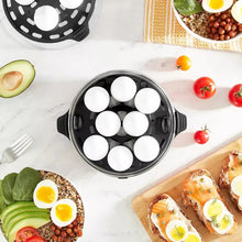 Egg cooker insert holding multiple white eggs in round tray