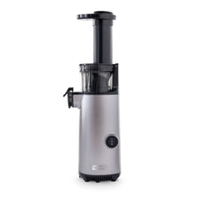 Compact cold press power juicer in silver with black top and front control knob.