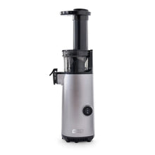 Stainless cold press power juicer with black top and front on/off button.