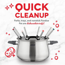 Stainless steel fondue pot with black base and upright mixed-color fondue forks