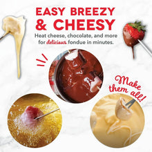 Fondue forks set with dipping tips and three close-up dip samples