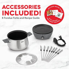 Electric fondue maker kit with two pots, fondue forks, lid, and power cord