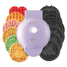 Mini waffle maker with removable plates, showing purple and black plate faces.
