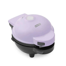 Mini waffle maker with lilac lid, HOT indicator, and black base feet